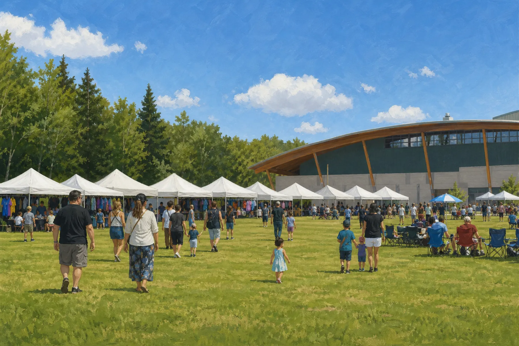 The grounds around the arena on a summer afternoon — vendor tents, families, children.